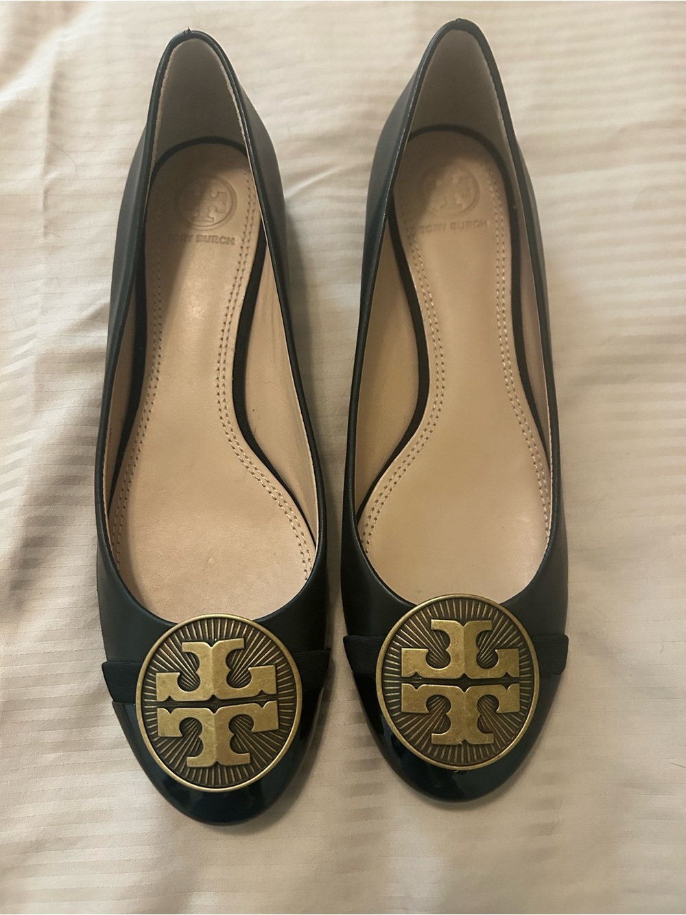 Tory Burch Black Leather Flats with Gold Logo Medallions
